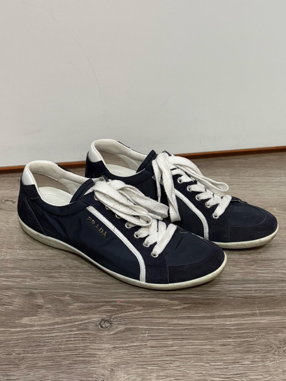Prada Navy & White Low-Top Lace Sneakers
